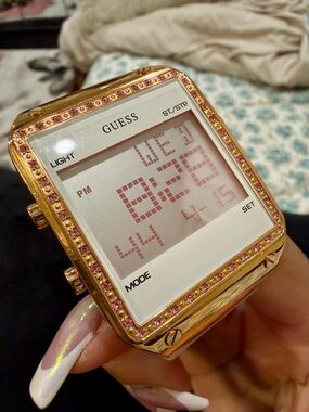 GUESS Gold Tone Digital Watch with Pink Crystal Bezel 44mm